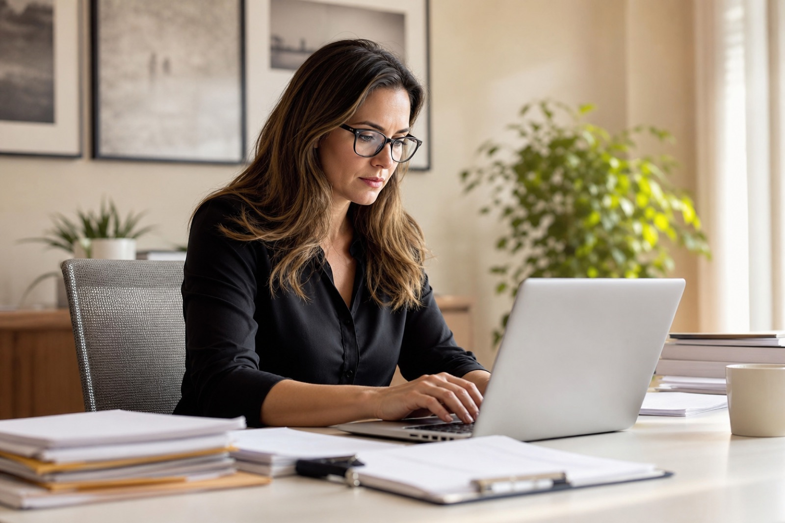 CPA at a desk with paperwork and a laptop
