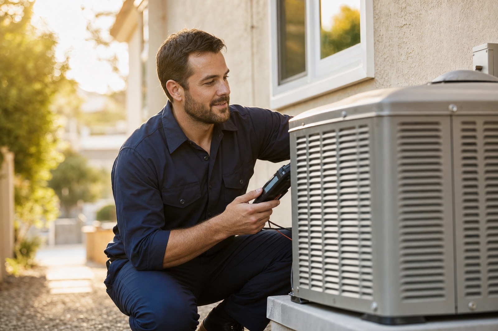 HVAC technician on a service call at a residential home