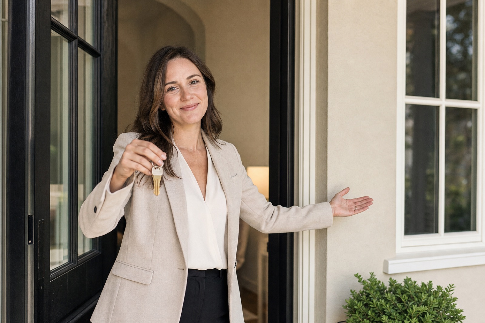 Real estate agent at a residential front door, holding house keys